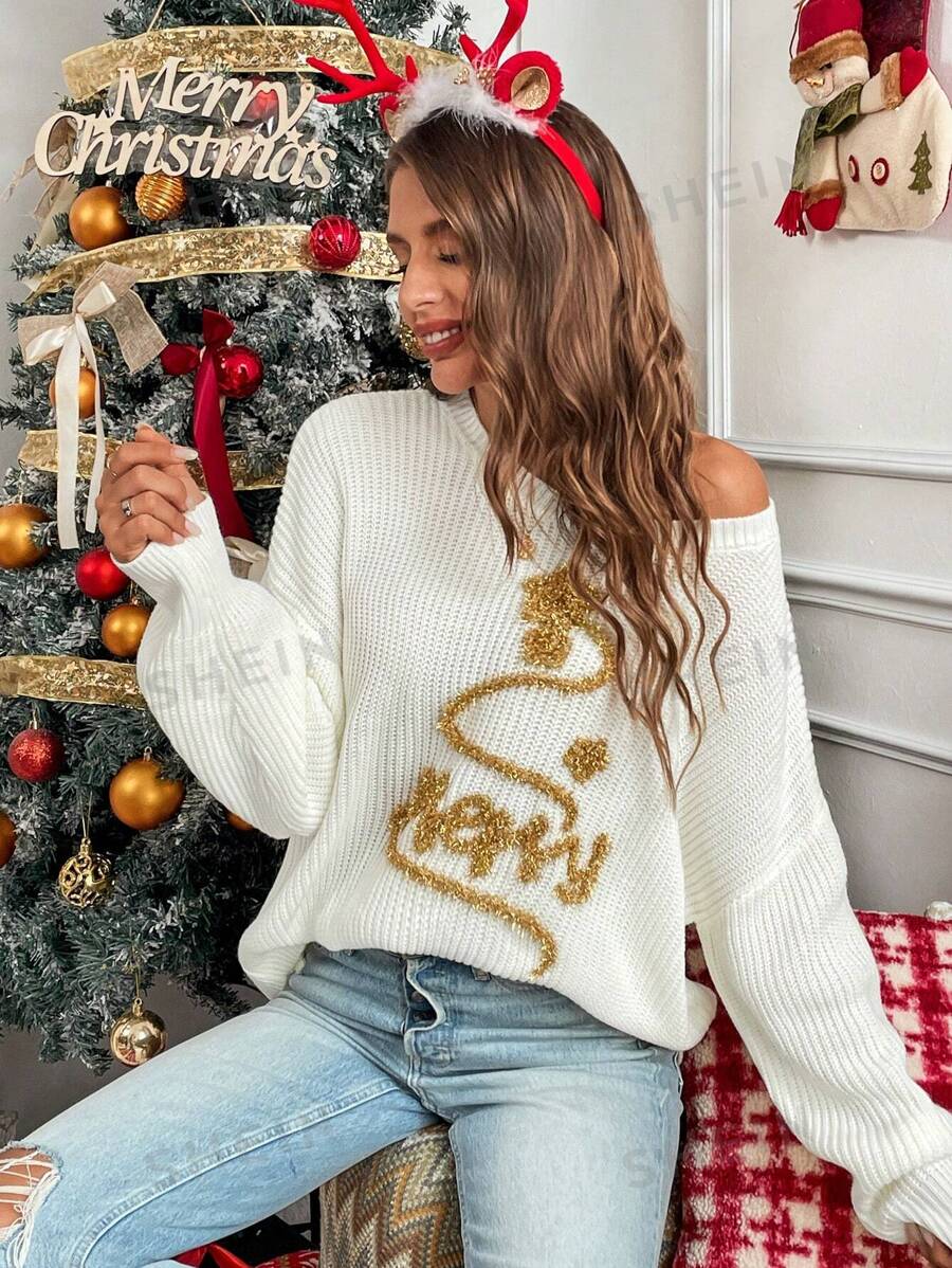 SHEIN LUNE Suéter holgado de manga larga con cuello asimétrico estilo navideño