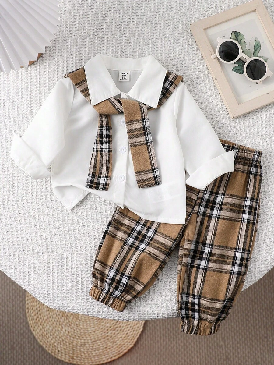 2pcs Baby Boy Solid Color Lapel Collar Long Sleeve Cardigan Shirt And Plaid Tapered Leg Pants Preppy Outfit