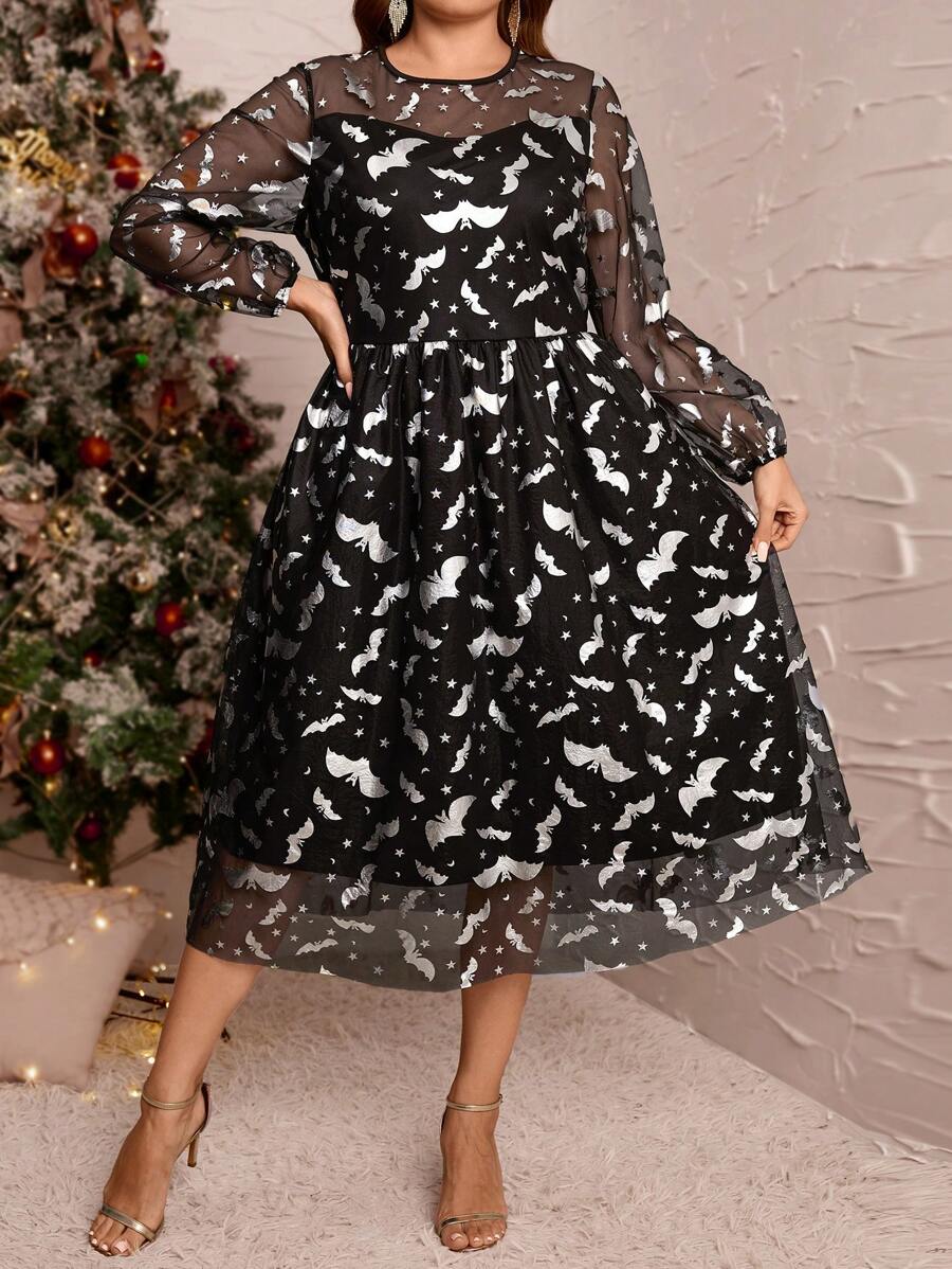 SHEIN Clasi Plus Size Women's Vintage Gothic Fashion Bat Allover Print Mesh Dress,Fall Halloween Clothes,Shiny Suitable For Party & Daily Wear Back To School Fall Wedding Guest