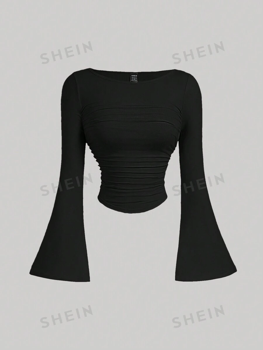 SHEIN MOD Decolteu barcă cu mânecă cu clopot, talie, cu volan, tricou casual pentru primăvară și toamnă, top cu mâneci cu clopot