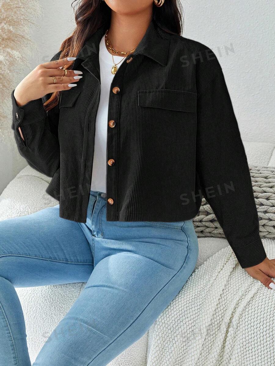 SHEIN LUNE Chaqueta informal de talla grande de unicolor con botones frontales, bolsillo falso y diseño simple para atuendo de vacaciones