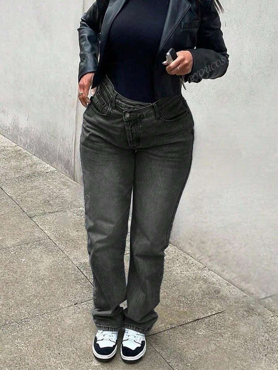 Pantalones vaqueros lavados con cintura asimétrica y pierna entallada, de estilo casual para mujeres