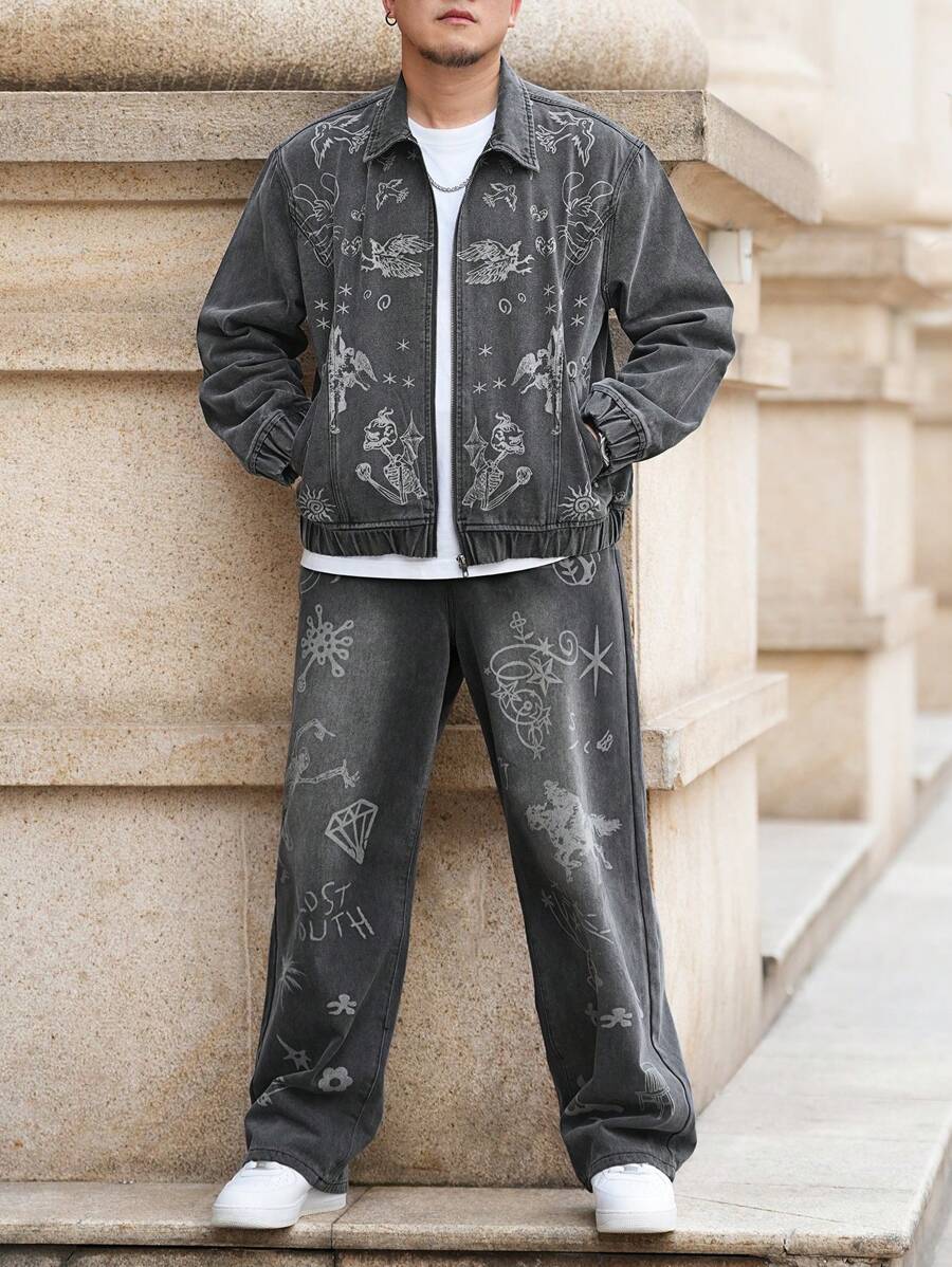 Manfinity EMRG 2 piezas/Set Chaqueta vaquera de manga larga con estampado de calavera y pantalones vaqueros conjunto informal talla grande para hombre, primavera y otoño