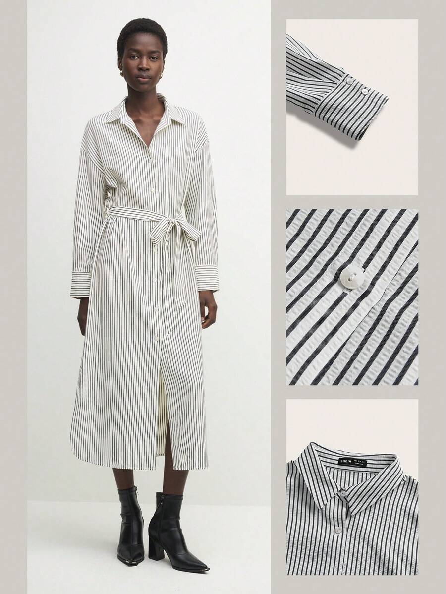 BizChic Striped Patchwork Shirt Wrap Metal Button Decor Midi Dress, Elegant Women's Dress For Christmas, New Year Party, Autumn/Winter,
