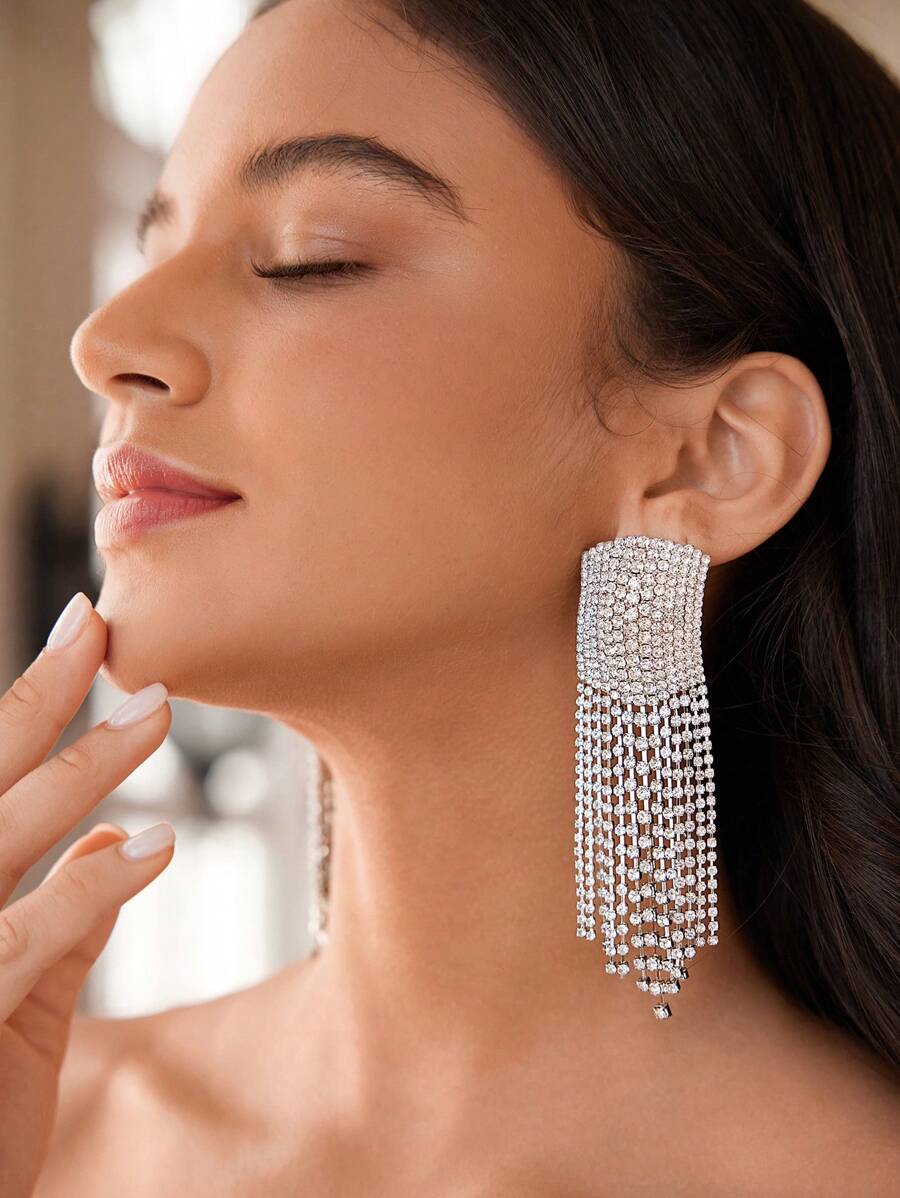 SHEIN Belle 1 Pair Women's ELEGANT, Luxury, Cute Rhinestone, Tassel Fashion Earrings, Suitable For Wedding, Honeymoon, Casual, Party