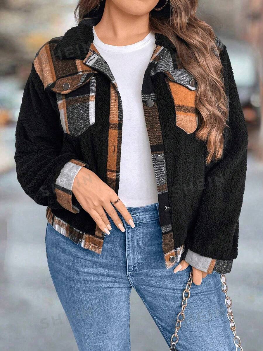 SHEIN LUNE Chaqueta de forro polar a cuadros de parche informal de talla grande, otoño e invierno