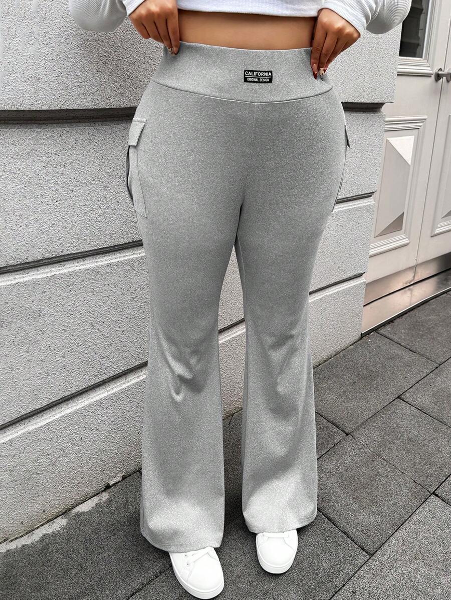 SHEIN EZwear Plus Size Women's Solid Color Pocket & Letter Print Simple Casual Pants