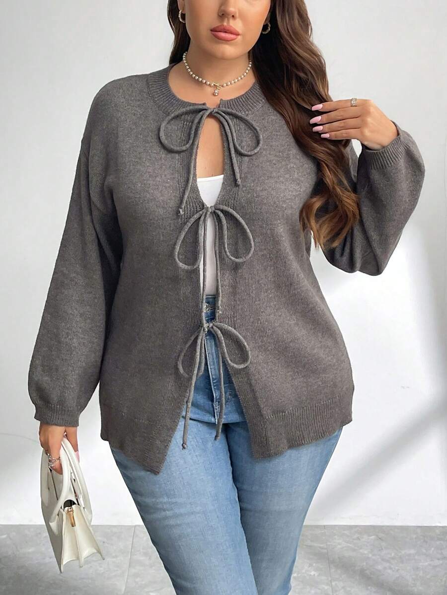 SHEIN Privé Plus Size Casual Elegant Simple Gray Long Sleeve Crew Neck Tie Cardigan For Women, Fall/Winter