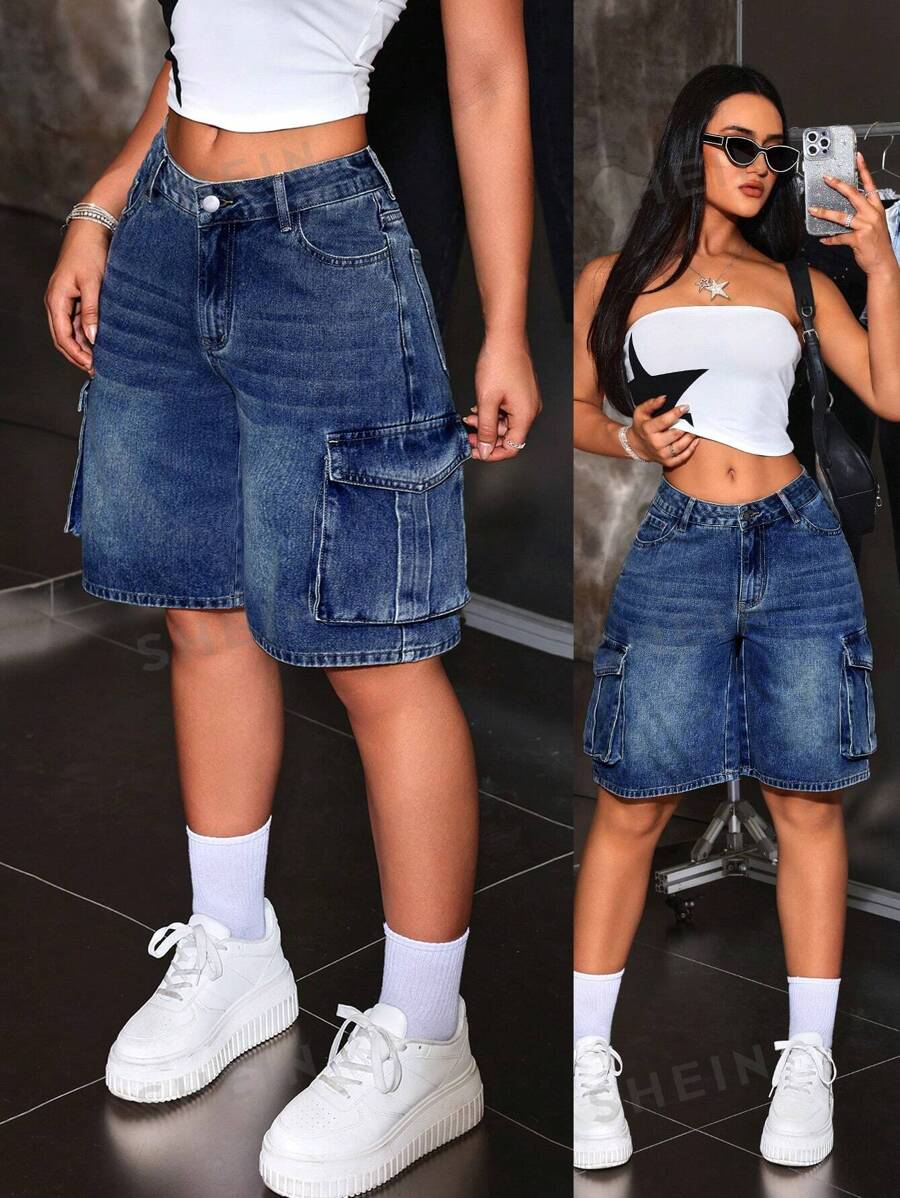 SHEIN ICON Pantalones cortos vaqueros casuales lisos con bolsillos, verano