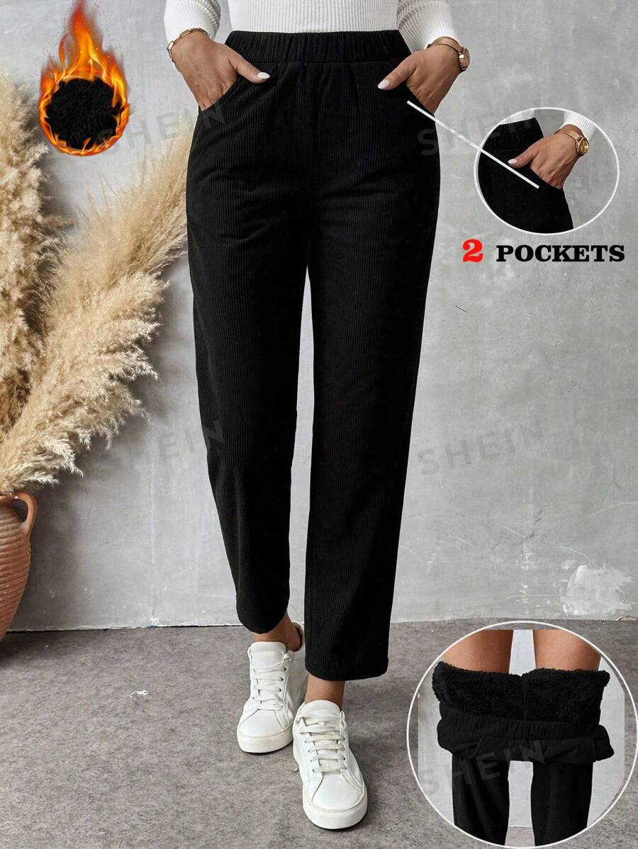 SHEIN Essnce Pantalones negros de felpa gruesa para mujer, pantalones de pana cálidos, leggings, pantalones harem de cintura alta para otoño e invierno