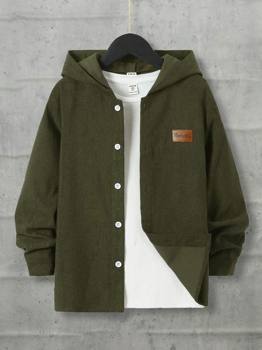 SHEIN 10pcs Tween Boys' Casual Corduroy Patch Embellished Hooded Loose Woven Shirt, Fall & Winter, Green, White