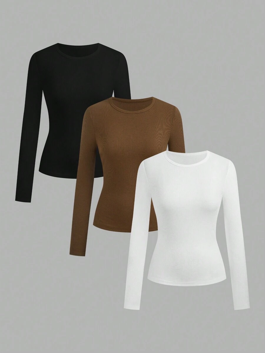 SHEIN EZwear 3-częściowy damski zestaw koszul z długim rękawem Basic Y2K Fitted