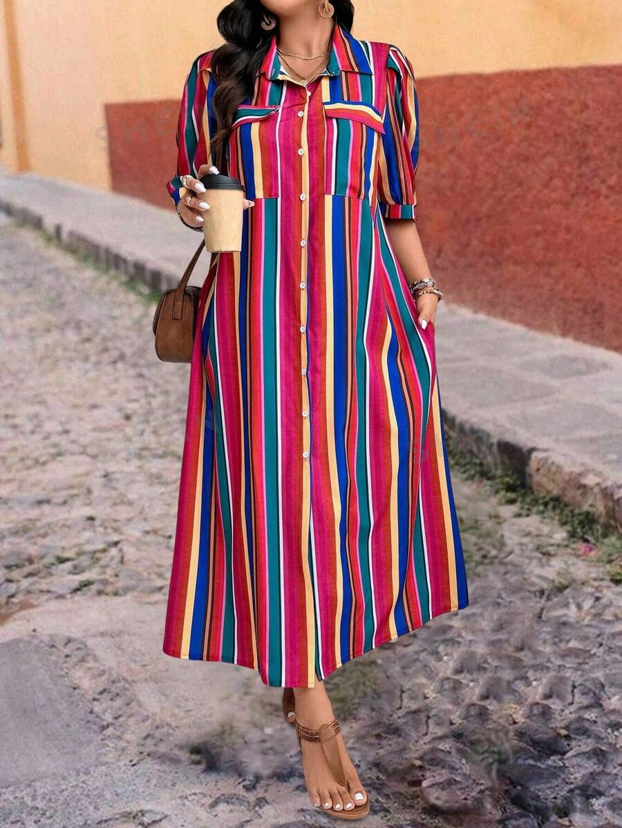 SHEIN LUNE Vestido camisa con botones delanteros, con bloques de color y rayas, tallas grandes, otoño