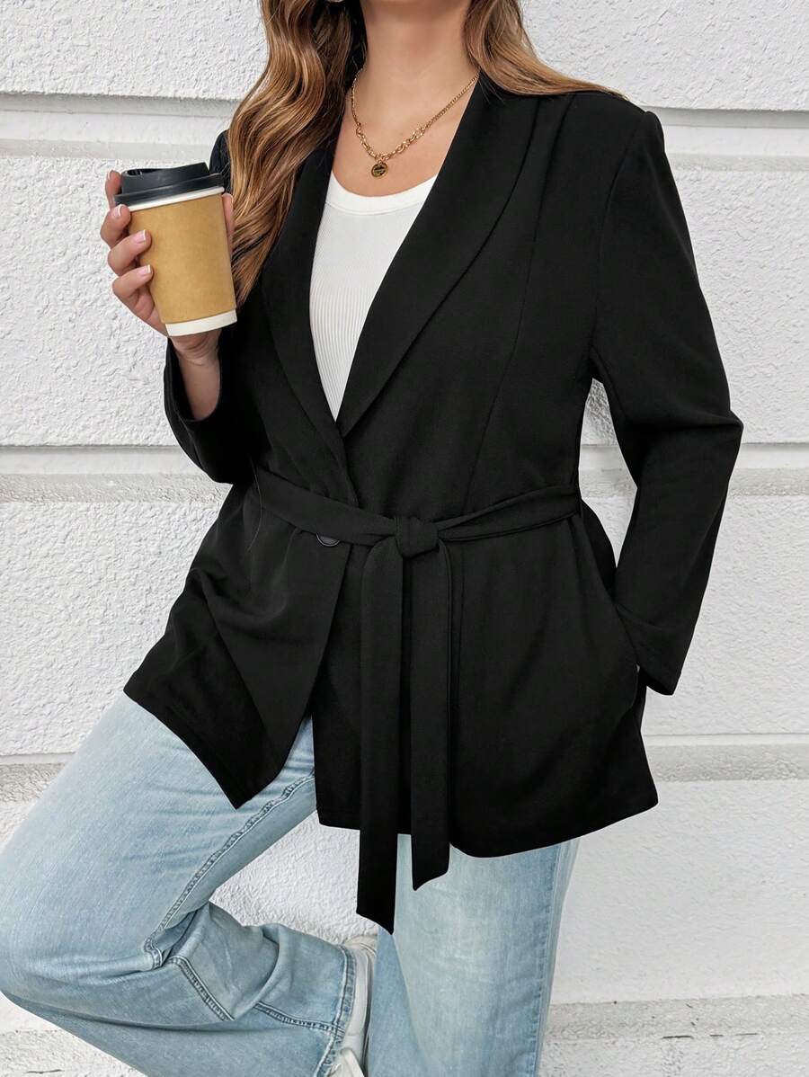 SHEIN Essnce Plus Size Dames Herfst En Winter Mode Casual Basic Strik Taille Zwart Slanke Pak Jas, Herfst Dames Kleding, Blazer, Kantoorkleding, Herfstjassen, Zakelijke Casual Dames