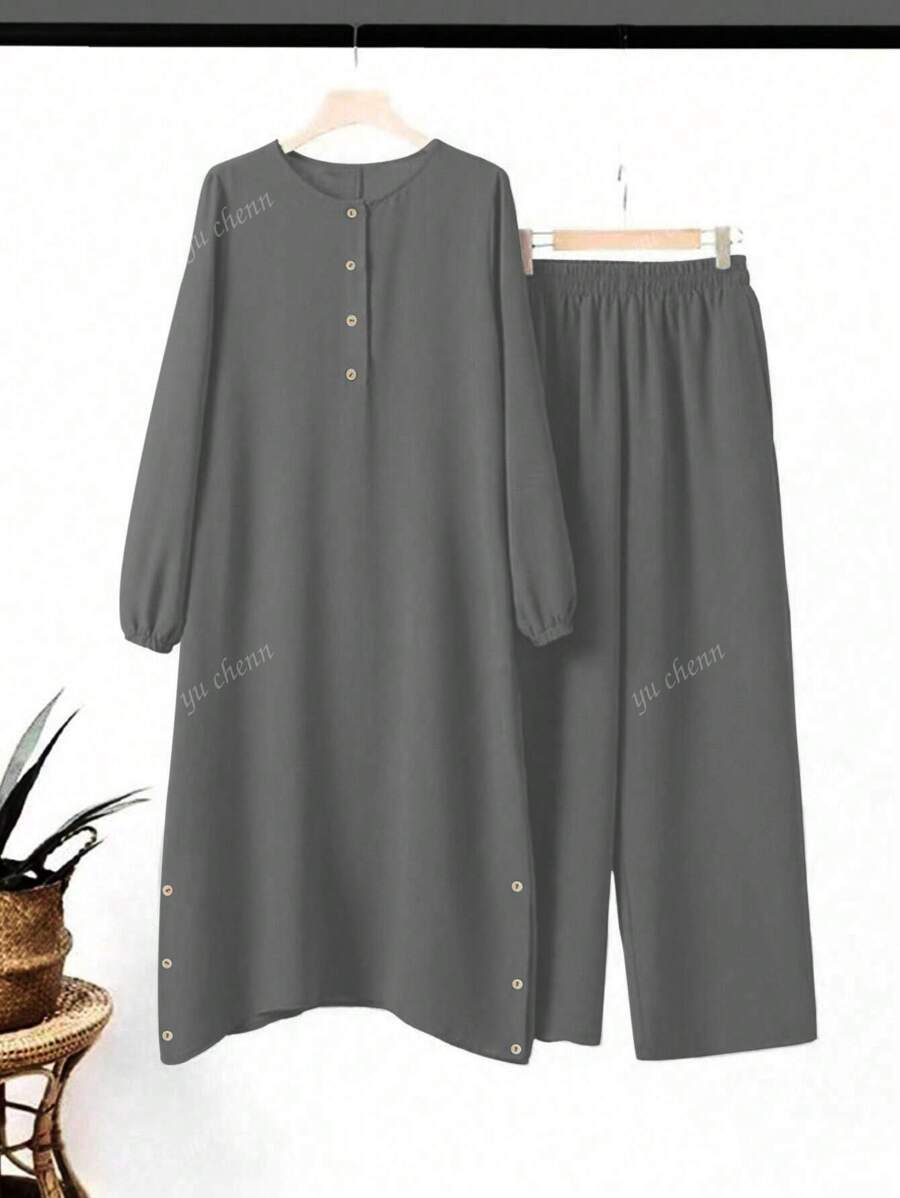 Conjunto de 2 piezas casual con top de manga larga de cuello redondo y dobladillo asimétrico en unicolor, y pantalones de cintura elástica