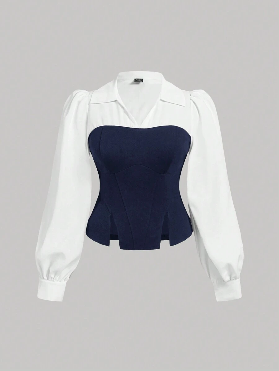 SHEIN MOD Plus Size Zwart & Wit Contrast Split Zoom Getailleerd Halter Shirt