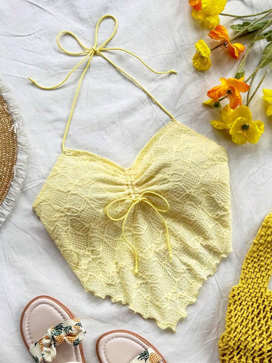 Soleia Camiseta sin mangas con cuello en V acanalado, fruncido delantero y espalda de tirantes anchos, de punto texturizado amarillo, para vacaciones, para mujer
