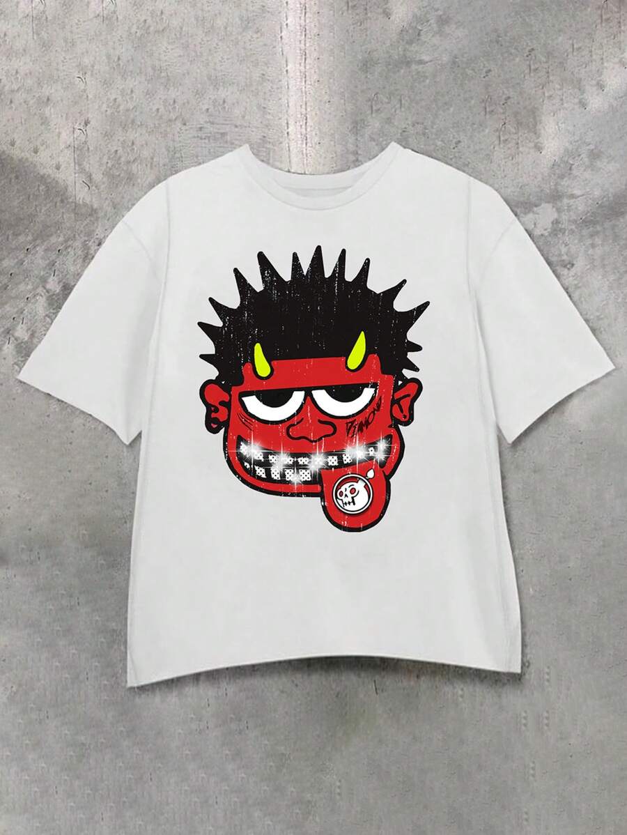 Manfinity Dauomo Camiseta casual de manga corta de cuello redondo con estampado de dibujos animados para hombre, verano