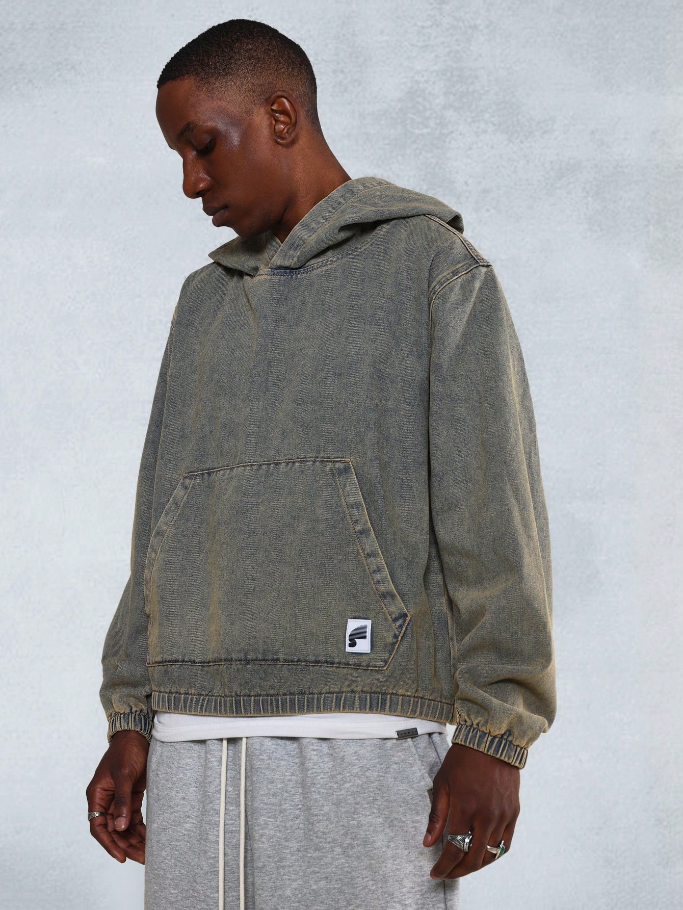【SATIIIZ】Hollen denim washed over hoodie Denim sweatshirt hoodie sales