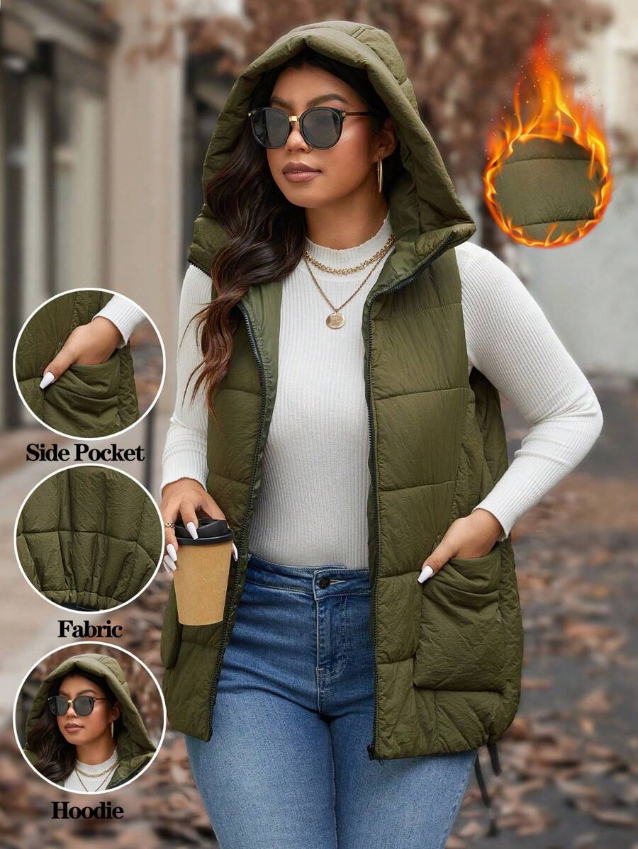 Calvaya Plus Size Solid Color Hooded Vest With Pockets, Autumn & Winter Clothes