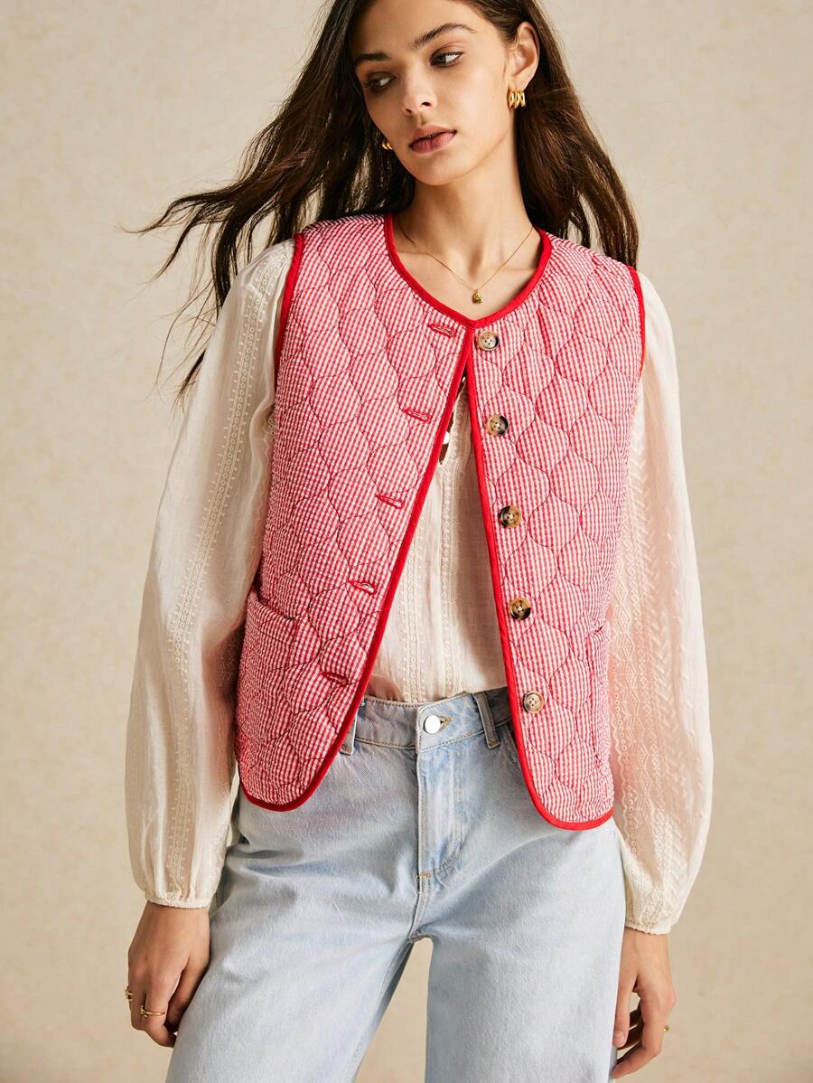 Poéselle Red Plaid Vest,Fall Women Clothes,Women Vest,Fall Jackets,Winter Coat,Winter Women Clothes,Red Border Vest, Red Jacket, Padded Lining, Good Warmth, Bohemian Style, Suitable For Daily Street, Holiday, Home Wear FW24