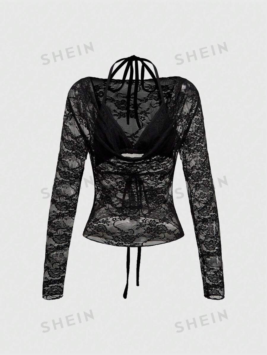 ROMWE Goth Conjunto de lencería de 2 piezas con top de cuello pronunciado de encaje y bikini de encaje con estilo Y2K sexy para dama