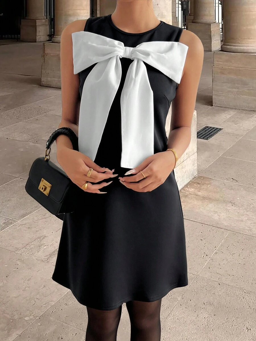 INAWLY Robe mini élégante à block color avec nœud, noire et blanche, pour l'été
