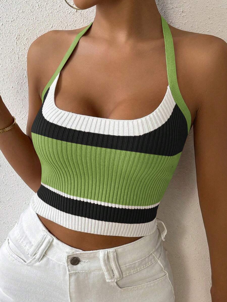 Chiquease Elegant Slim Fit Striped Knit Halter Top