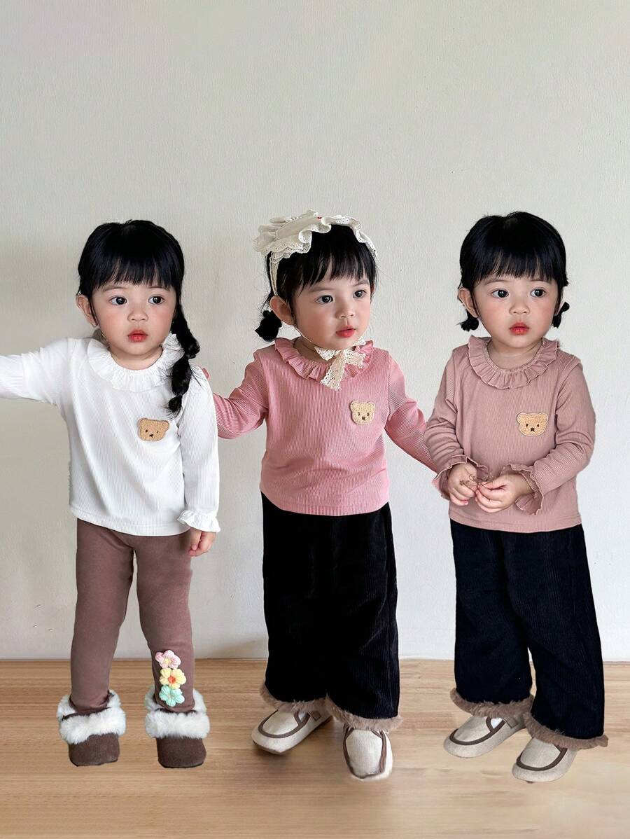 SHEIN 3 pièces Ensemble de hauts à manches longues avec col montant et broderie, style décontracté pour nouveau-nés et bébés filles, printemps automne