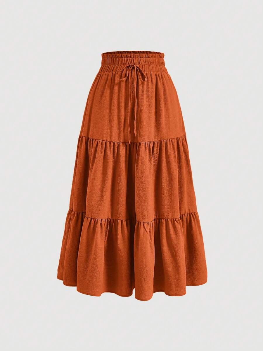 SHEIN MOD Jupe casual évasée à taille nouée et volant à l'ourlet pour femme, couleur unie