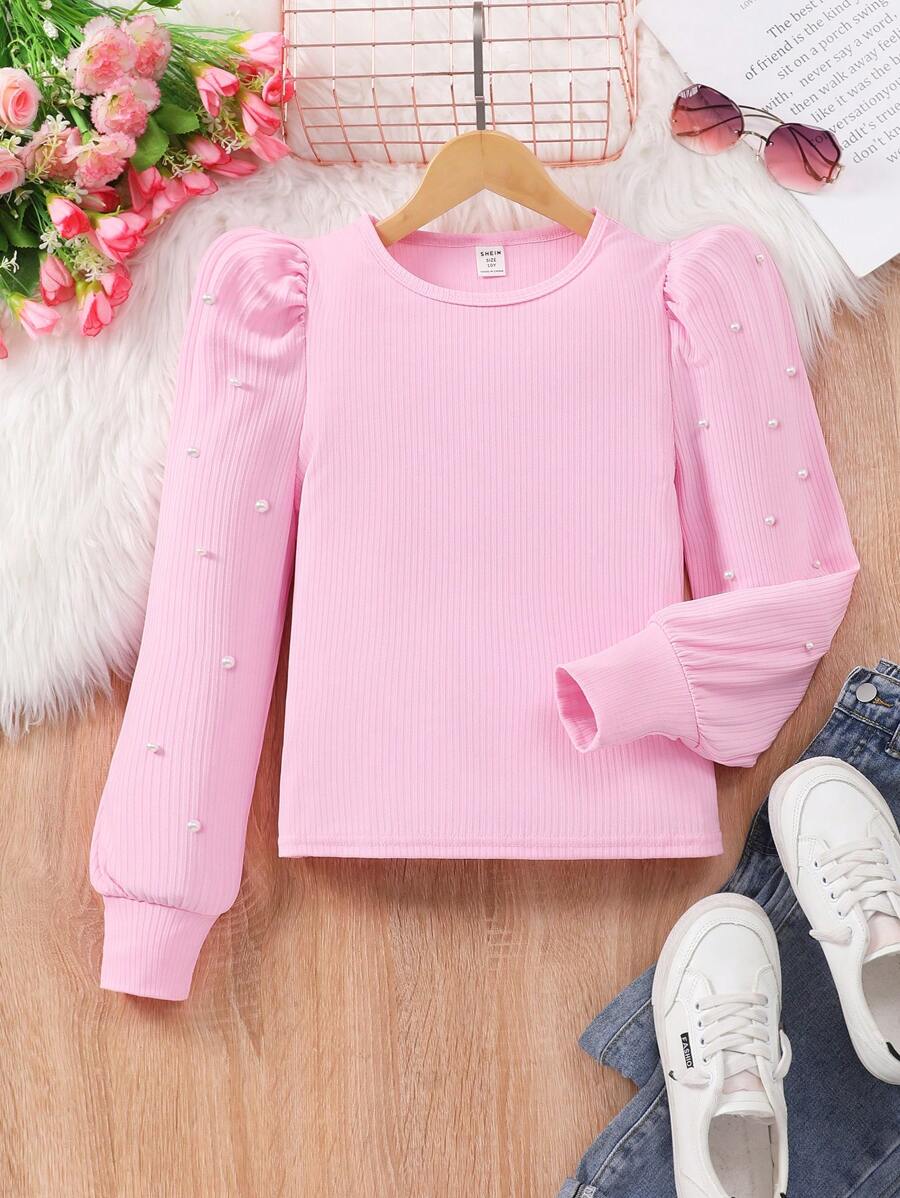 SHEIN Tween Girl Zwart Effen Kleur Geborduurd Geborduurd Pofmouw Casual T-shirt
