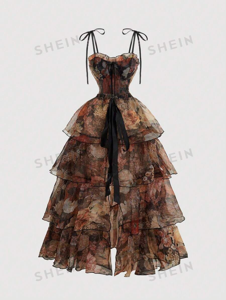 SHEIN MOD Vestido vintage naranja con estampado floral de Body completo y vestido 2 en 1 con múltiples faldas desmontables - Estilo palacio, vestido de cumpleaños, vestido de crucero, vestido apilado, vestido, vestidos de verano para mujeres