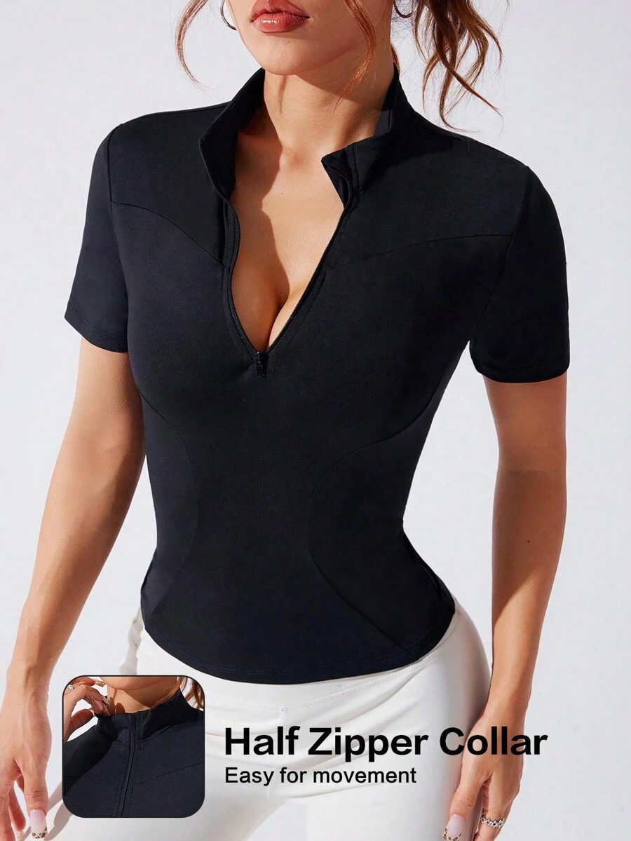 SHEIN Sport Studio Camisa tipo polo deportiva de mujer con media cartera con cremallera y manga corta de unicolor