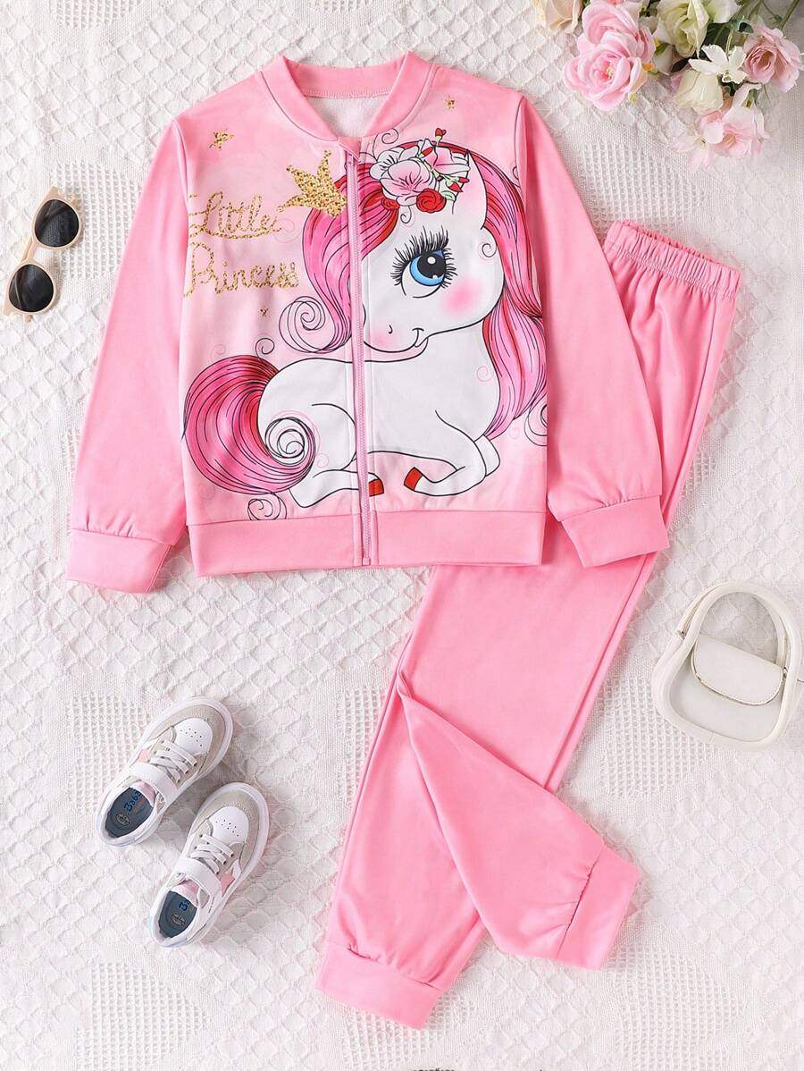2 pièces Set veste et pantalon de survêtement avec imprimé licorne pour jeunes filles, rose