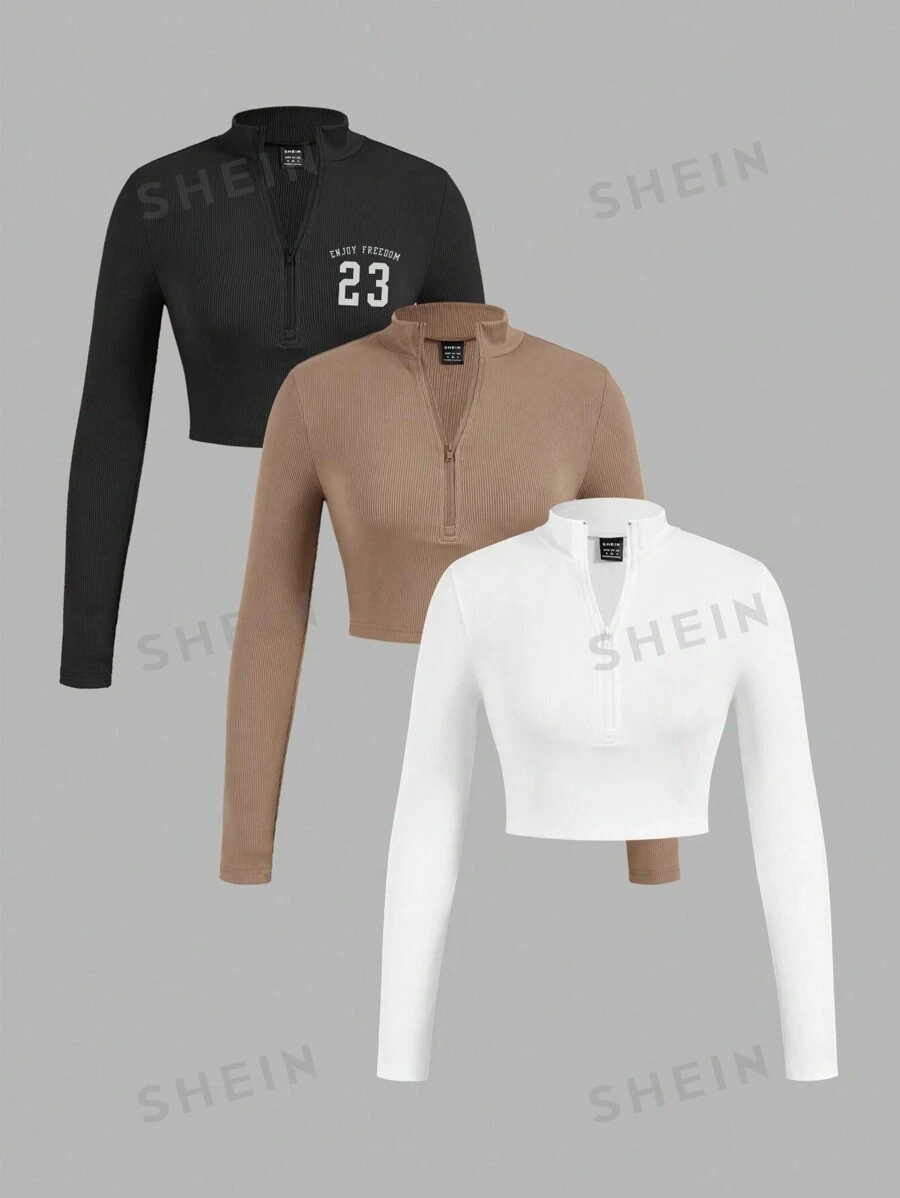 SHEIN EZwear Conjunto de 3 piezas de camiseta de cuello alto acanalada con estampado gráfico n.° 23 y cremallera para mujer, adecuado para primavera y otoño