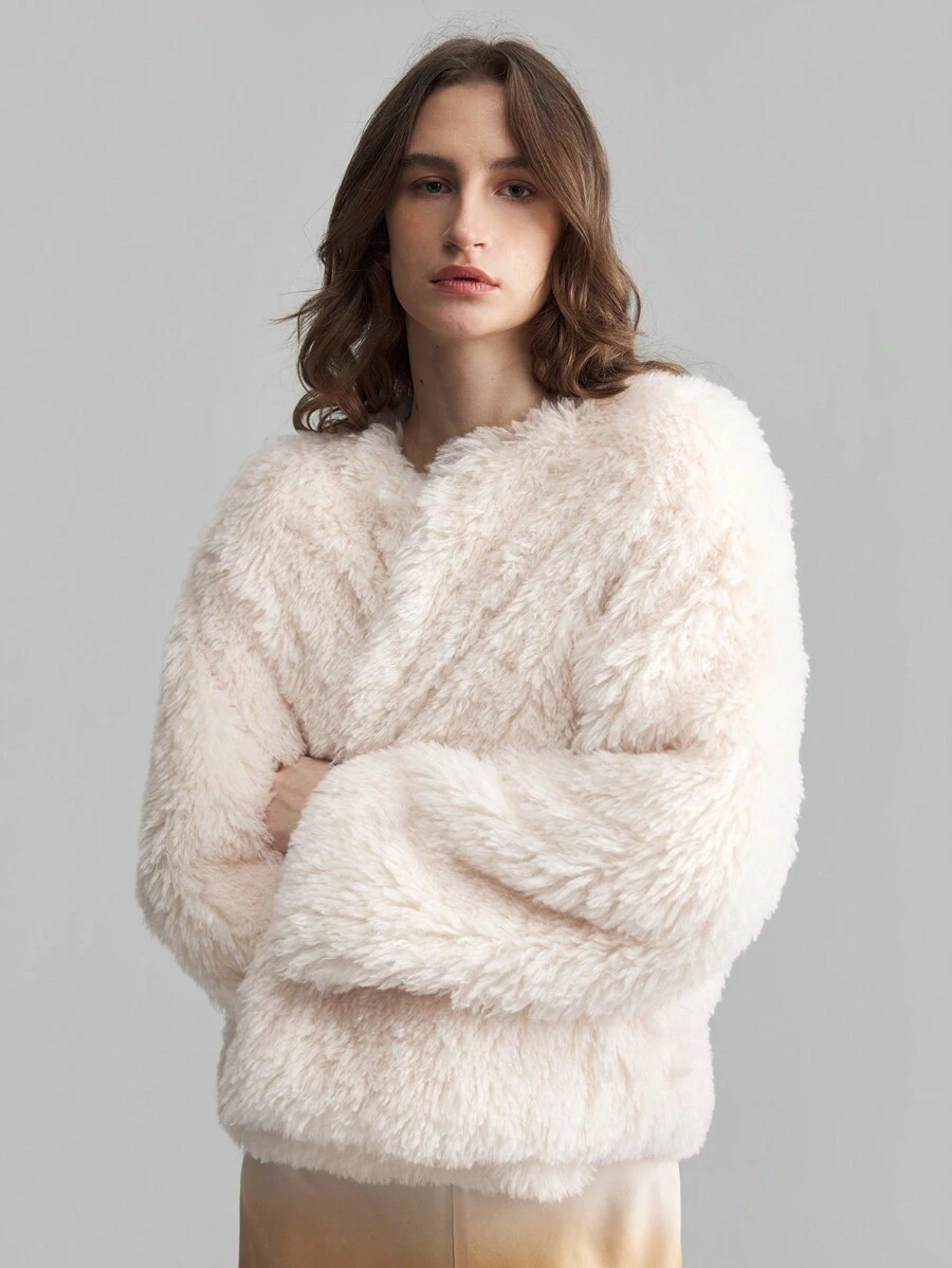 Ontre Women's Long Sleeve Round Neck Fluffy Jacket, Apricot Color Furry Long Coat For Autumn/Winter