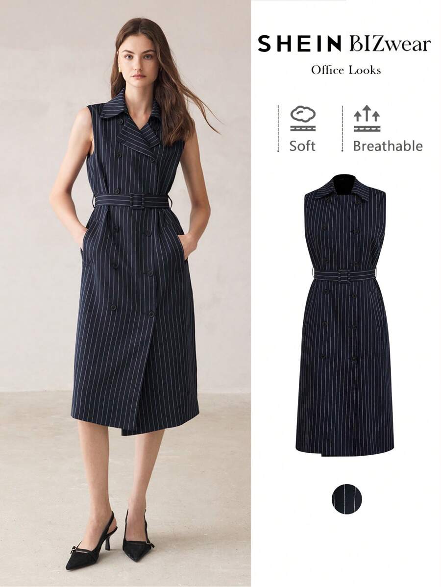 BizChic Veste régulière pour femmes avec imprimé rayé, ceinturée avec poches, sans manches