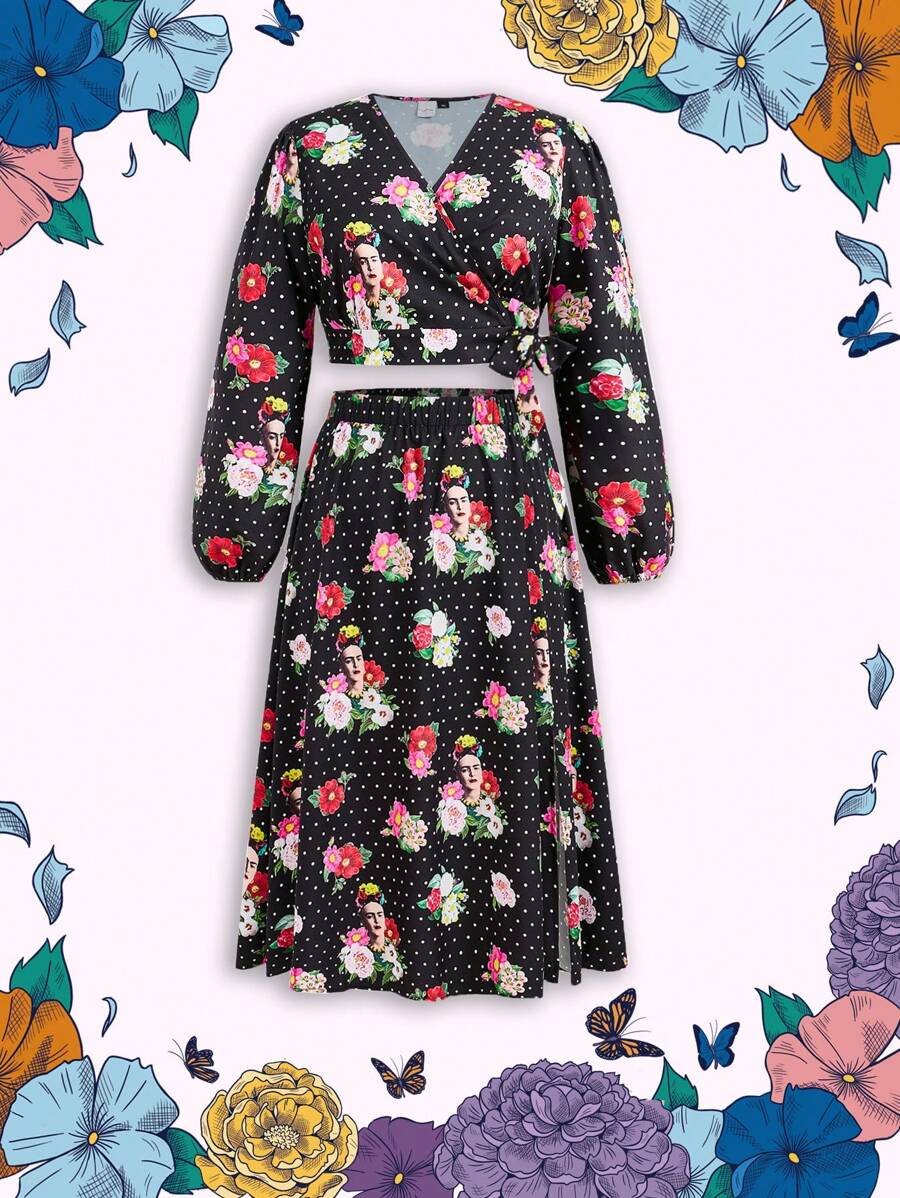 Frida Kahlo X SHEIN Plus Size Elegant Sexy Basic Black Floral & Figure Graphic Artistic Polka Dot Print Blouse & Split Midi Skirt 2-Piece Set, Autumn/Winter