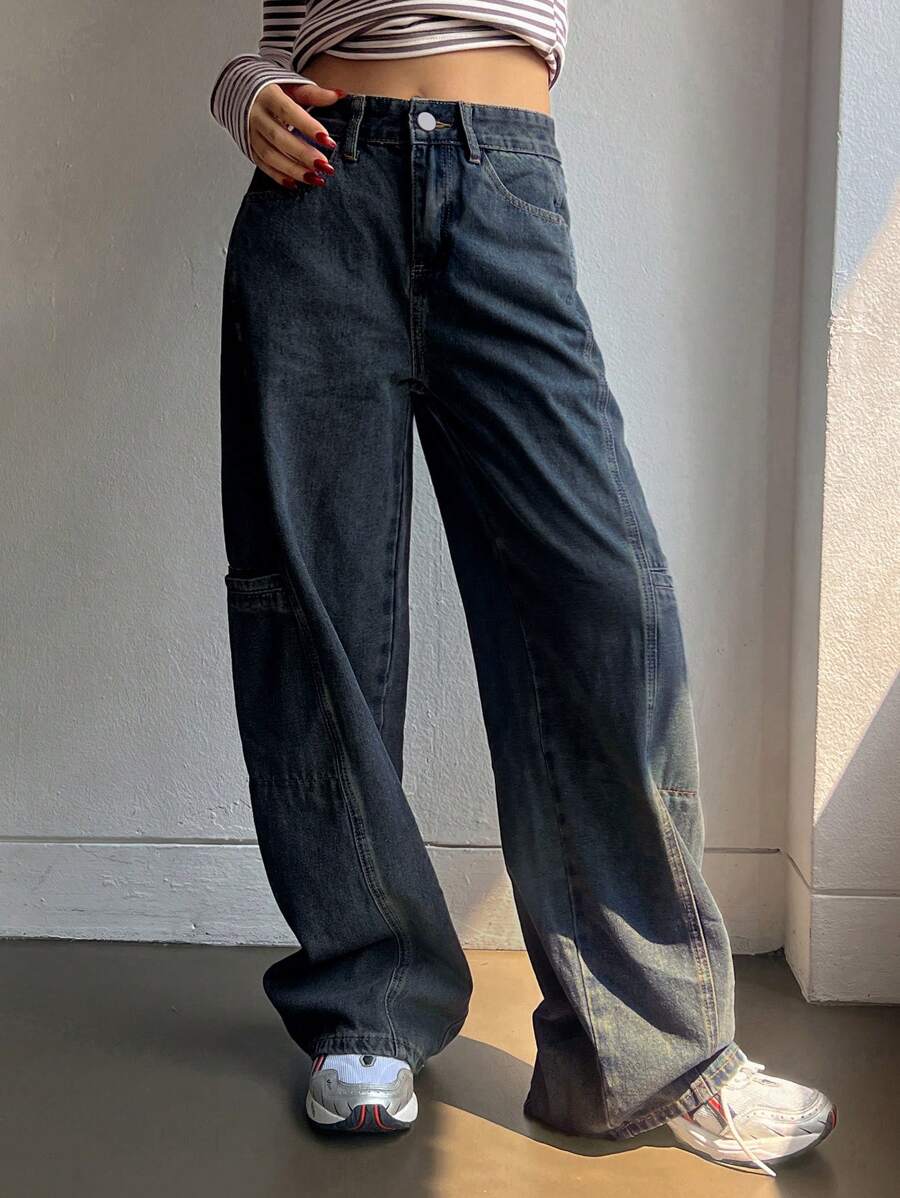 DAZY Dames effen zakje casual losse rechte pijp jeans
