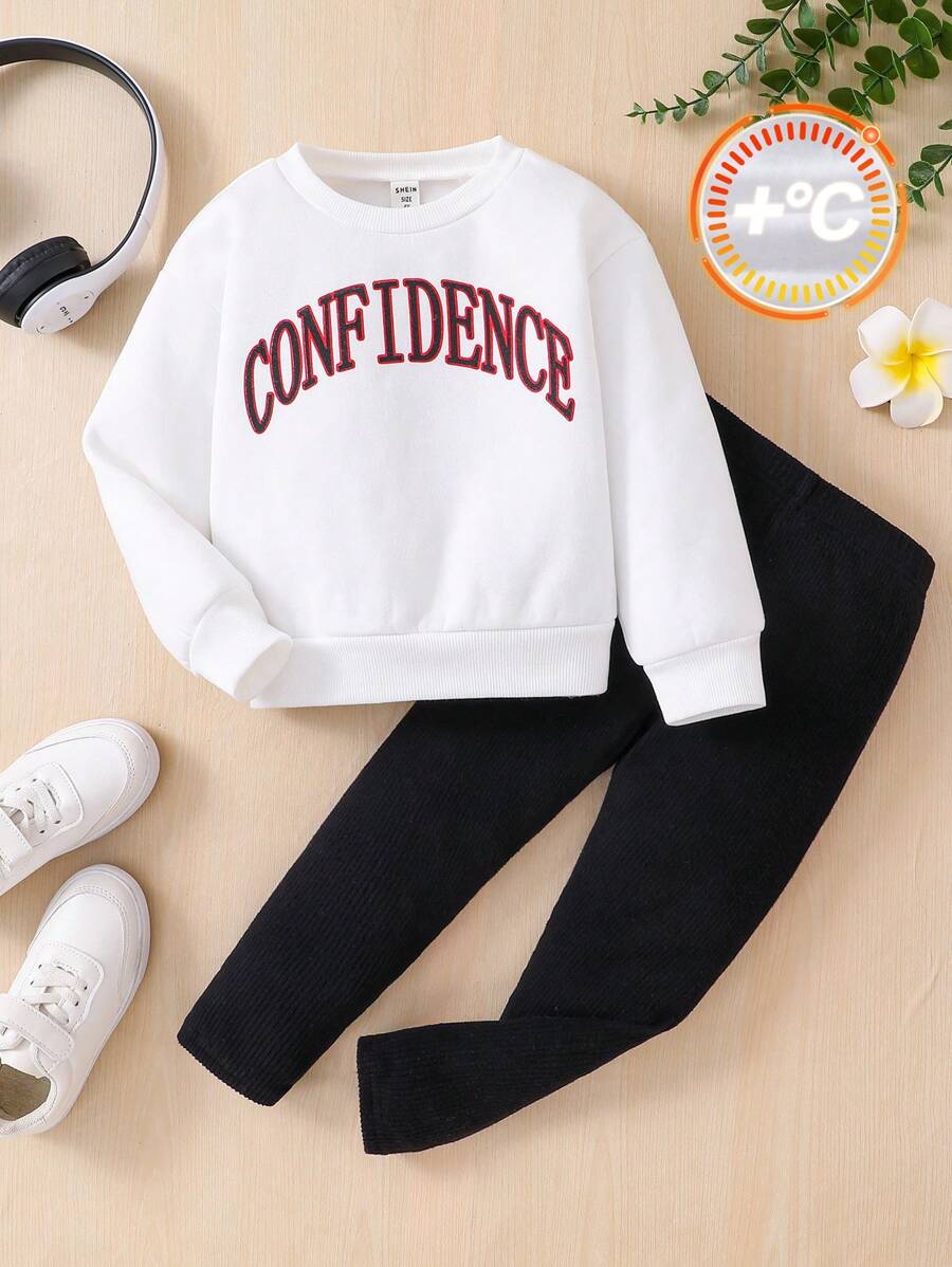 SHEIN 2 piezas/Set Niña joven Cómodo cuello redondo manga larga sudadera y pantalones de unicolor