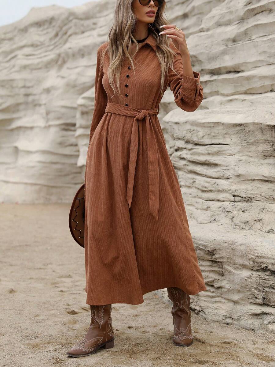 Aveloria Modichic High-End Velour V-Neck Buttoned Cinched Waist Waist Slimming Long Sleeve Dress For Women