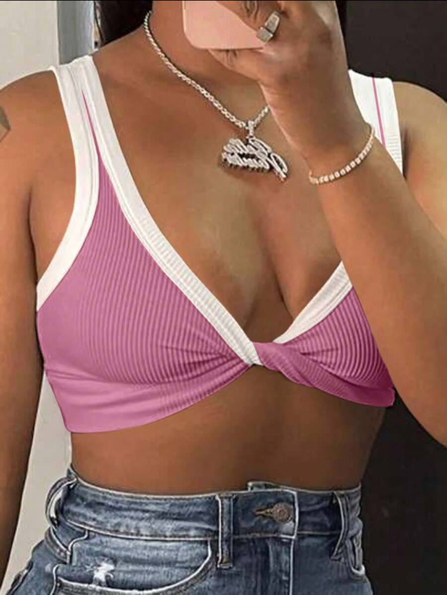 INAWLY Top ajustado acortado con recortes de contraste y retorcido delantero para mujer