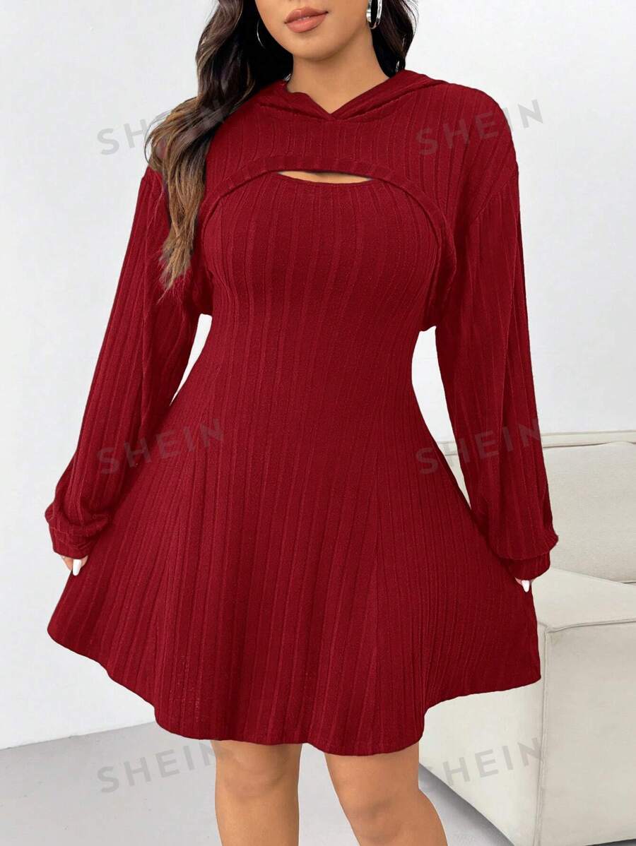 SHEIN EZwear Vestido sudadera acanalado de talla grande, conjunto otoñal temprano