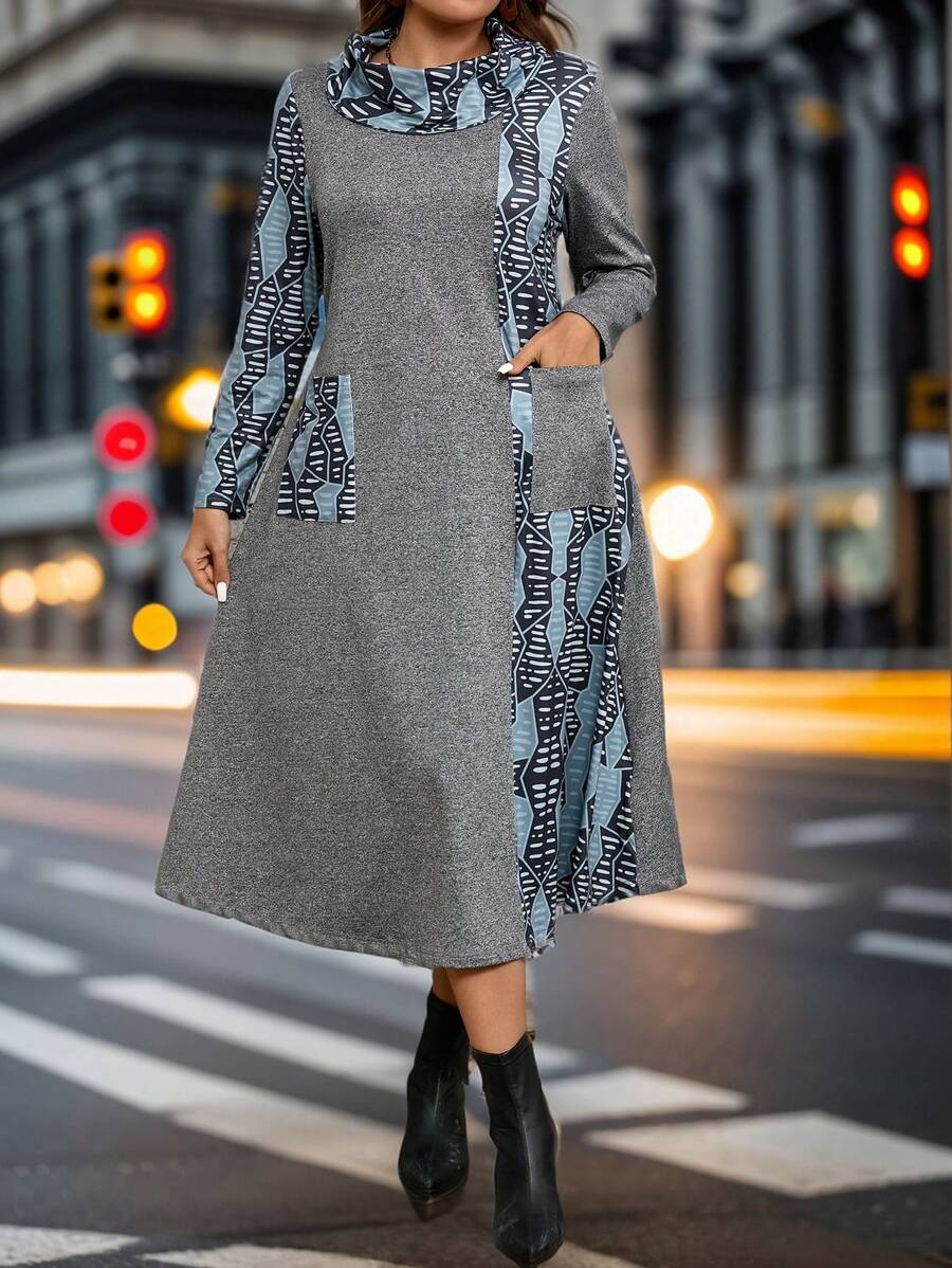 EMERY ROSE Plus Size Lange Herfstjurk Dames Effen Kleur Bedrukt Eenvoudige Dagelijkse Lange Mouw Jurk, Herfst Dameskleding