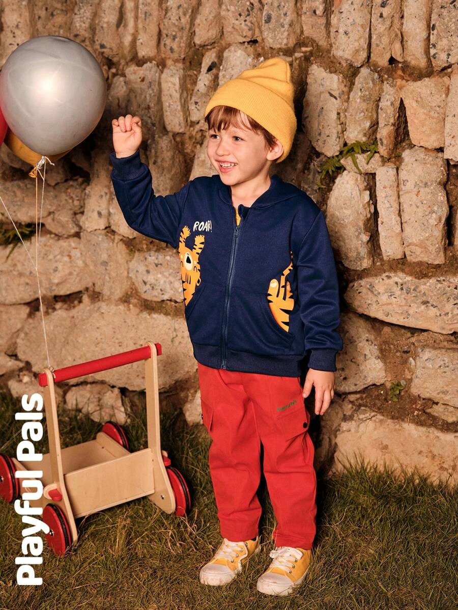 SHEIN 1 Peça Jaqueta com Capuz de Manga Longa, Estampa de Tigre Fofa/Retrô/Casual para Meninos, Adequada para Uso Interno e Externo, Primavera/Outono/Inverno