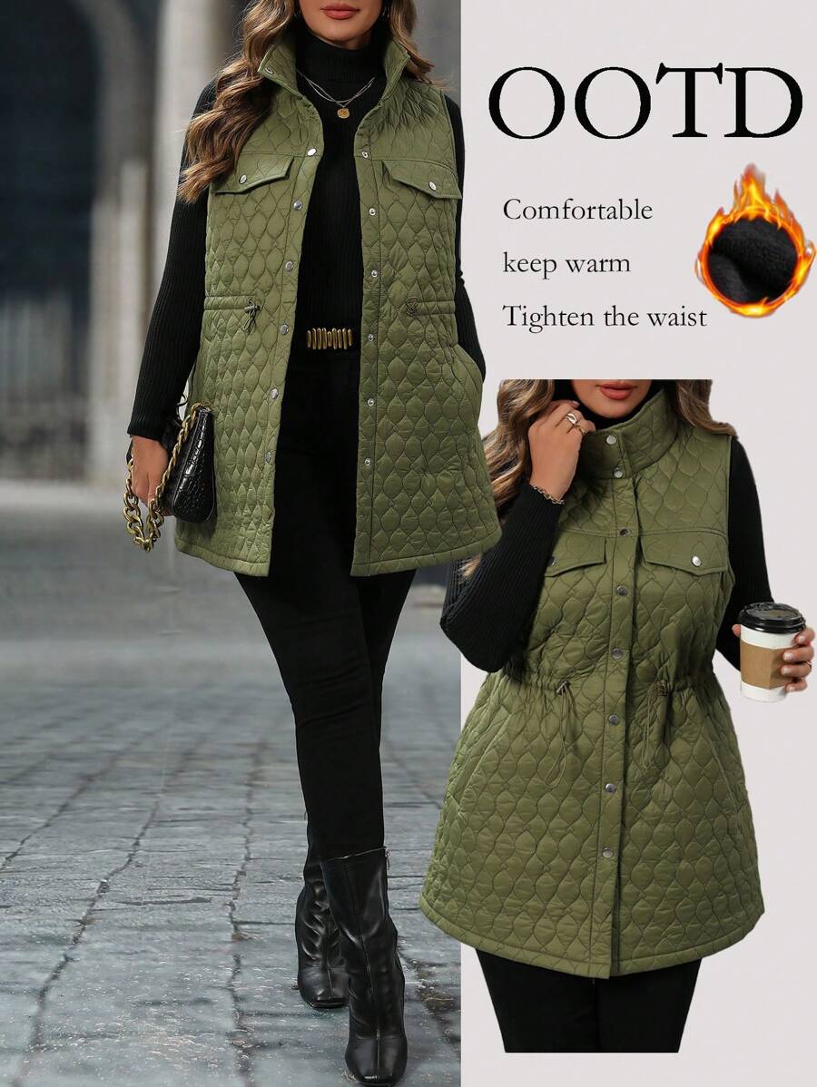 SHEIN LUNE Plus Size Women's Sleeveless Drawstring Buttoned Tank Top Jacket Coat For Winter Clothes