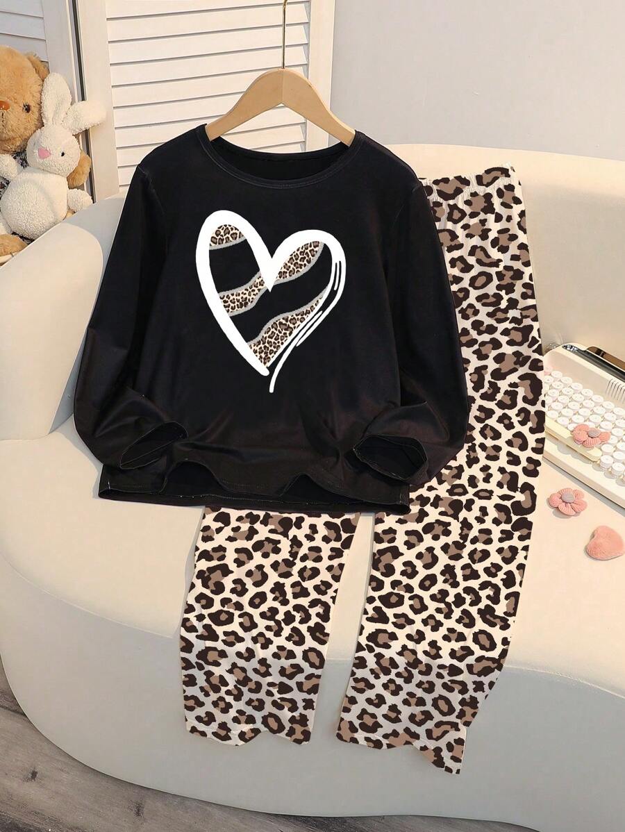 SHEIN Teen Girl 2pcs Heart Print White Round Neck Long Sleeve Top With Leopard Pants Casual Homewear Set