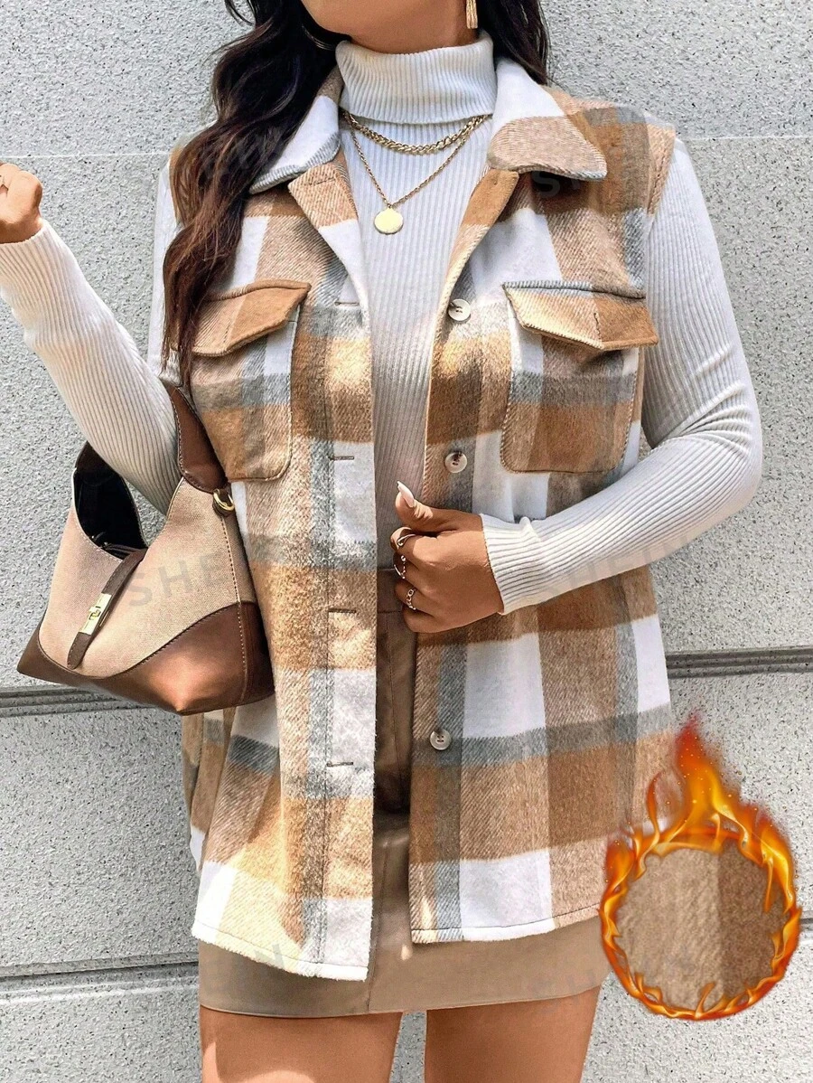 Calvaya Chaleco de moda encantador de talla grande con bolsillo, sin mangas y con botones de solapa a cuadros