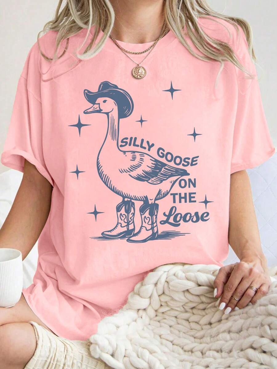 INAWLY Women Swan Print Short Sleeve Crew Neck T-Shirt