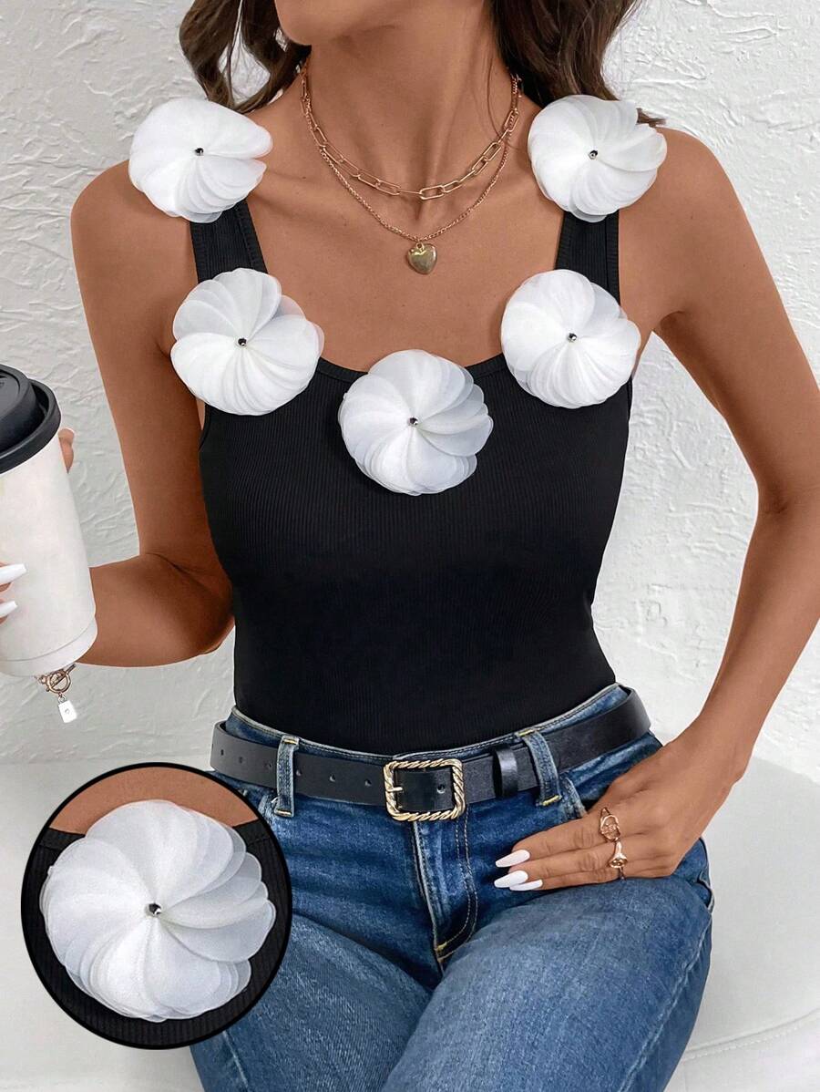 Calvaya Top de tirantes elegante y estilizado de verano para mujer con decoración floral 3D
